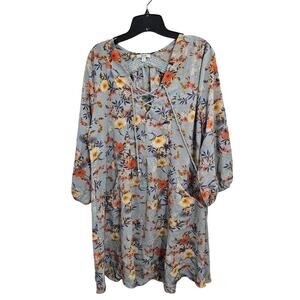 Jodifl Lace Up Blue Floral Dress Size Large Pockets Pull On 3/4 Sleeves